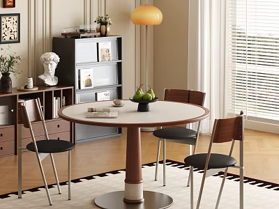 Modern Round Dining Table Set with White Tabletop Wooden Leg and Black Metal Chairs 3d model