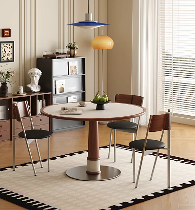 Modern Round Dining Table Set with White Tabletop Wooden Leg and Black Metal Chairs 3d model