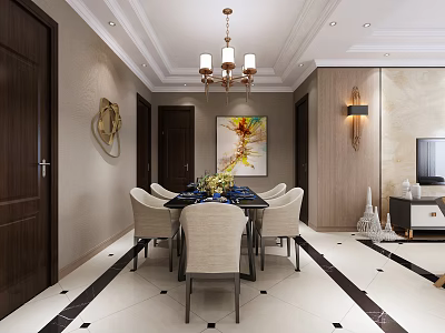 Elegant Modern Dining Room Interior With Round Table Beige Chairs Chandelier And Colorful Painting 3d model