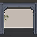 Black Ornate Arched Doorway With Carved Details Potted Plant On Wooden Floor White Wall