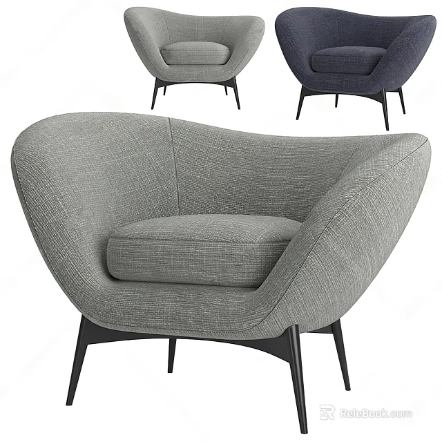 Gray Fabric Modern Single Sofa With Curved Backrest And Black Slender Legs 3d model