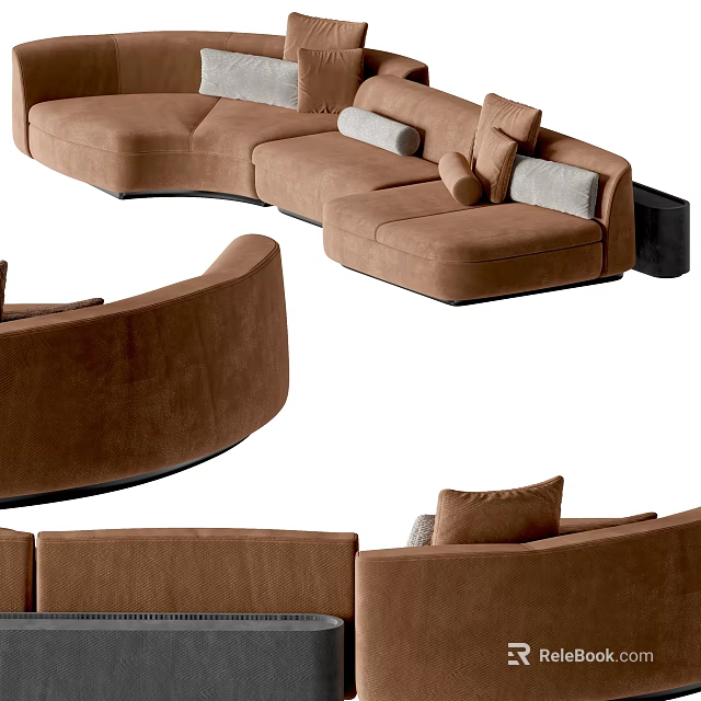 Modern Brown Curved Sectional Sofa With Velvet Upholstery And Accent Pillows 3d model 