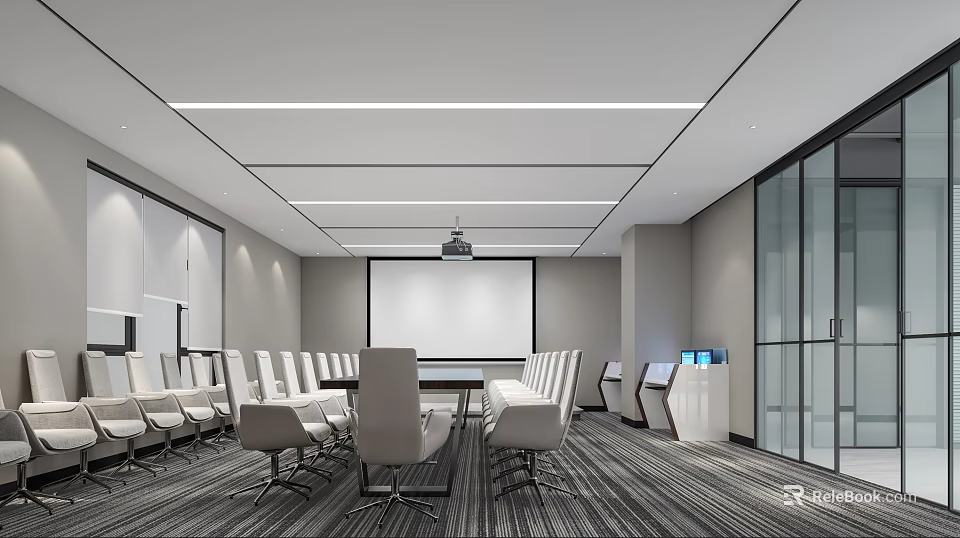 Modern Conference Room Interior Design With Projector Screen Glass Partitions Strip Lighting And Comfortable Chairs 3d model 