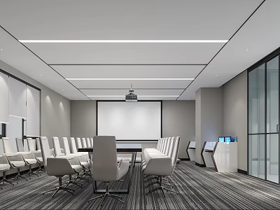 Modern Conference Room Interior Design With Projector Screen Glass Partitions Strip Lighting And Comfortable Chairs 3d model
