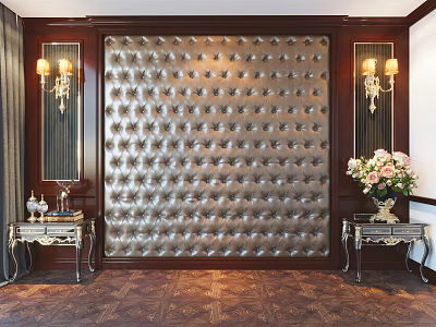 Tufted Silver Bedroom Accent Wall With Dark Brown Wooden Trim And Wall Sconces 3d model