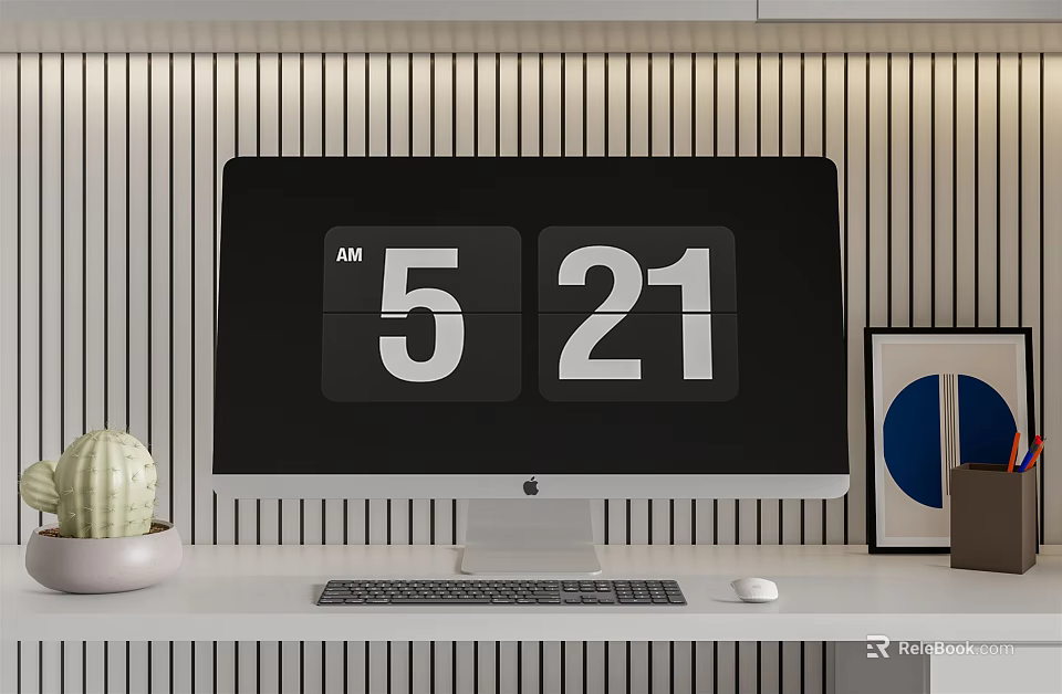 Computer Monitor Displaying Digital Clock 5 21 AM On White Desk With Keyboard Mouse 3d model 