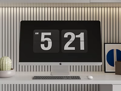 Computer Monitor Displaying Digital Clock 5 21 AM On White Desk With Keyboard Mouse 3d model