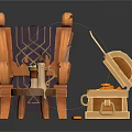 Open Treasure Chest Filled With Gold Coins Near Wooden Chair And Small Stool