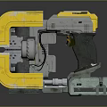 Futuristic Mechanical Weapon with Yellow and Gray Design Grip and Mechanical Components