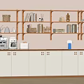 Warm Sideboard With White Doors Wooden Frame Open Shelves Holding Books Baskets Coffee Machine Decorations