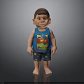 Child Wearing Blue Tank Top With Cartoon Graphic And Shorts Standing Barefoot On Dark Background