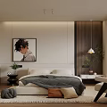 Modern Bedroom With Neutral Tones Bed Wall Art Cozy Rug And Plants