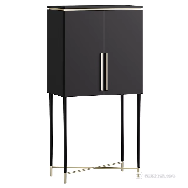 Black Entryway Side Cabinet With Double Doors And Silver Handles On Tall Legs 3d model 