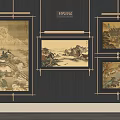 Chinese Landscape Paintings Hung On Dark Wall With Golden Frames And Green Plants