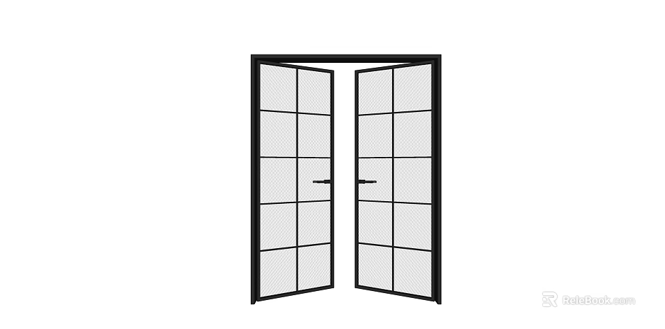 Open Double Doors With Black Frame And Grid Glass Panels For Interior Design 3d model 