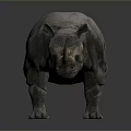 Gray Rhinoceros Sculpture Standing With Textured Skin Single Horn And Dark Background