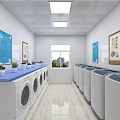Modern Laundry Room With Row Of Washing Machines Wall Posters Plants Window And City View