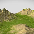 Scenic Mountain Range With Sharp Peaks Green Grasslands And Winding Paths 3d model