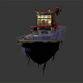 Fantasy Building With Red Roof On Floating Island And Curved Red Vine With Red Flower