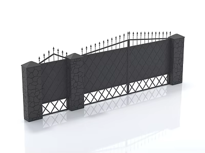 Black Fence With Stone Pillars Spiked Top And Diamond Lattice Design 3d model