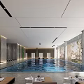 Modern Indoor Swimming Pool Design With Clear Blue Water And Rest Area Tables