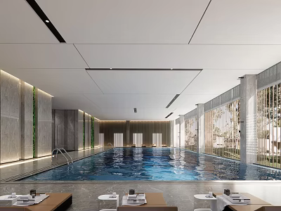 Modern Indoor Swimming Pool Design With Clear Blue Water And Rest Area Tables 3d model