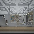 Modern Retail Showroom Interior Featuring White Counters Wooden Shelves Hanging Lights And Displayed Plants