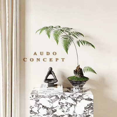 Bonsai Plant With Fern Leaves Moss Base On Books Black Statue Gold Letters Wall Decor 3d model