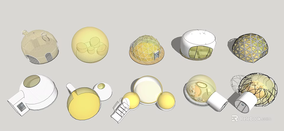 Various Spherical Dome Shaped Design Models in Yellow White with Transparent Elements 3d model 