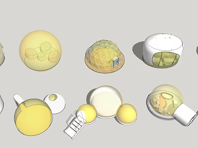 Various Spherical Dome Shaped Design Models in Yellow White with Transparent Elements 3d model