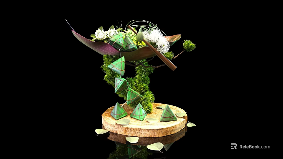 Artistic Floral Installation with Green Geometric Decor Moss and Wooden Base 3d model 