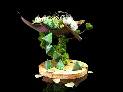 Artistic Floral Installation with Green Geometric Decor Moss and Wooden Base 3d model