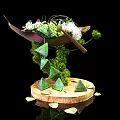 Artistic Floral Installation with Green Geometric Decor Moss and Wooden Base