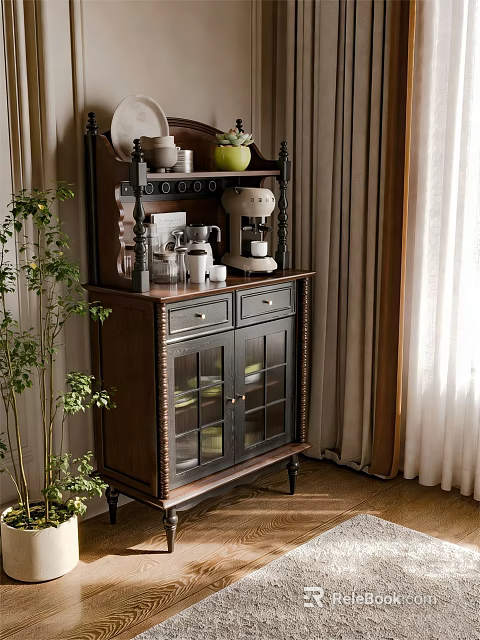 Stylish Wooden Sideboard with Glass Doors Shelves Holding Coffee Machine Mugs and Green Bowl 3d model 