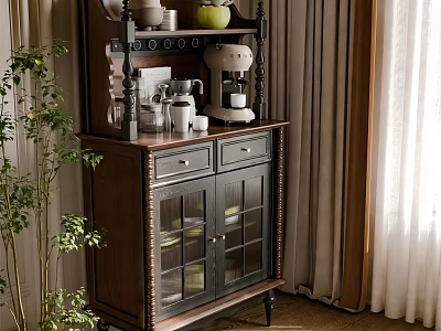 Stylish Wooden Sideboard with Glass Doors Shelves Holding Coffee Machine Mugs and Green Bowl 3d model