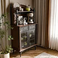 Stylish Wooden Sideboard with Glass Doors Shelves Holding Coffee Machine Mugs and Green Bowl