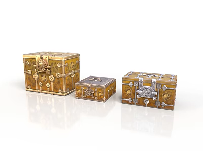 Three Vintage Decorative Storage Boxes With Gold Brown Finish And Metal Accents 3d model