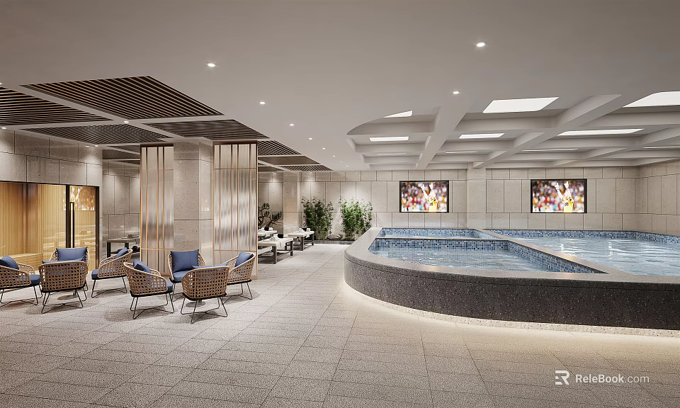 Modern SPA Sauna Interior With Relaxation Pool Comfortable Chairs And Green Plants 3d model 