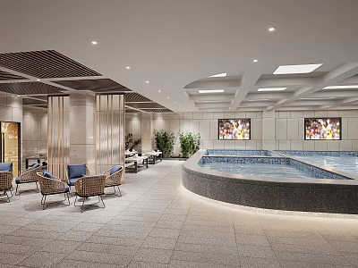 Modern SPA Sauna Interior With Relaxation Pool Comfortable Chairs And Green Plants 3d model