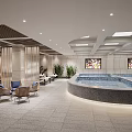 Modern SPA Sauna Interior With Relaxation Pool Comfortable Chairs And Green Plants