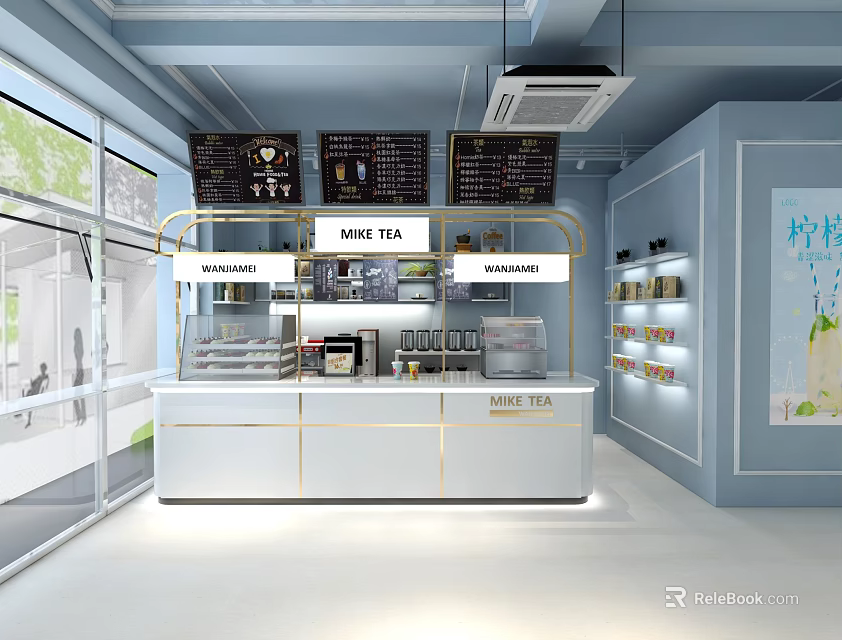 Modern Milk Tea Shop Interior With White Gold Counter Menu Boards And Display Shelves 3d model 