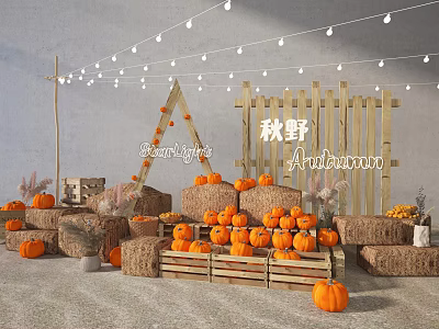 Autumn Field Decorative Setup With Pumpkins Hay Bales Wooden Frames And String Lights 3d model
