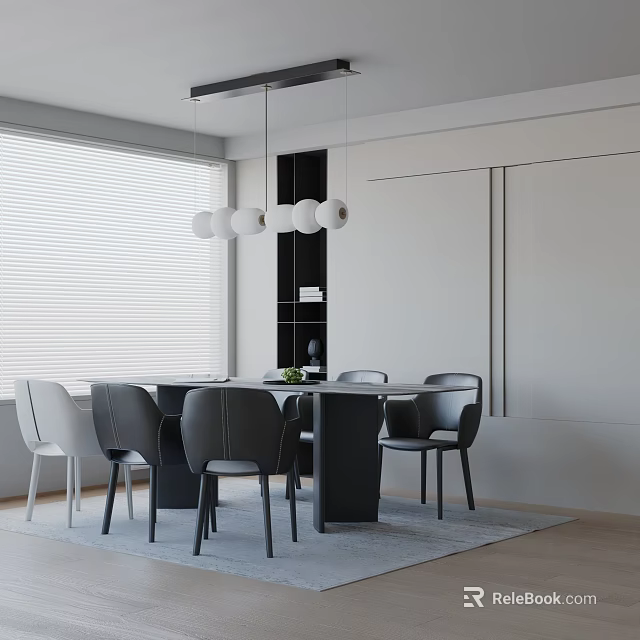 Modern Black And White Dining Table Set With Chairs Pendant Lights And Window Blinds 3d model 