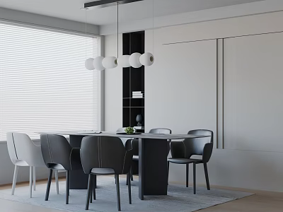 Modern Black And White Dining Table Set With Chairs Pendant Lights And Window Blinds 3d model