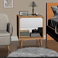 Stylish Wooden Bedside Table With White Panel Table Lamp Open Book Coffee Cup 3d model