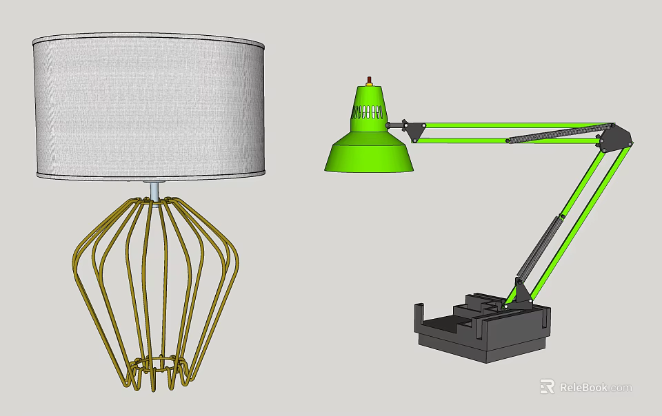 Modern Table Lamps With White Lampshade Golden Base And Green Adjustable Arm 3d model 