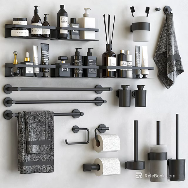 Sleek Black Metal Bathroom Accessories With Towel Bars Rings Toilet Paper Holders And Towels 3d model 