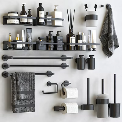 Sleek Black Metal Bathroom Accessories With Towel Bars Rings Toilet Paper Holders And Towels 3d model
