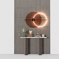 Modern Console Table with Round Light Fixture Wooden Panel Wall and Decorative Plants 3d model