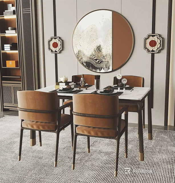 Elegant Dining Table Set With Leather Chairs Round Decorative Mirror And Wall Art Panels 3d model